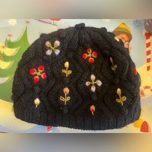 French Knot Tilly Floral Embroidered Wool Knit hat black with florals